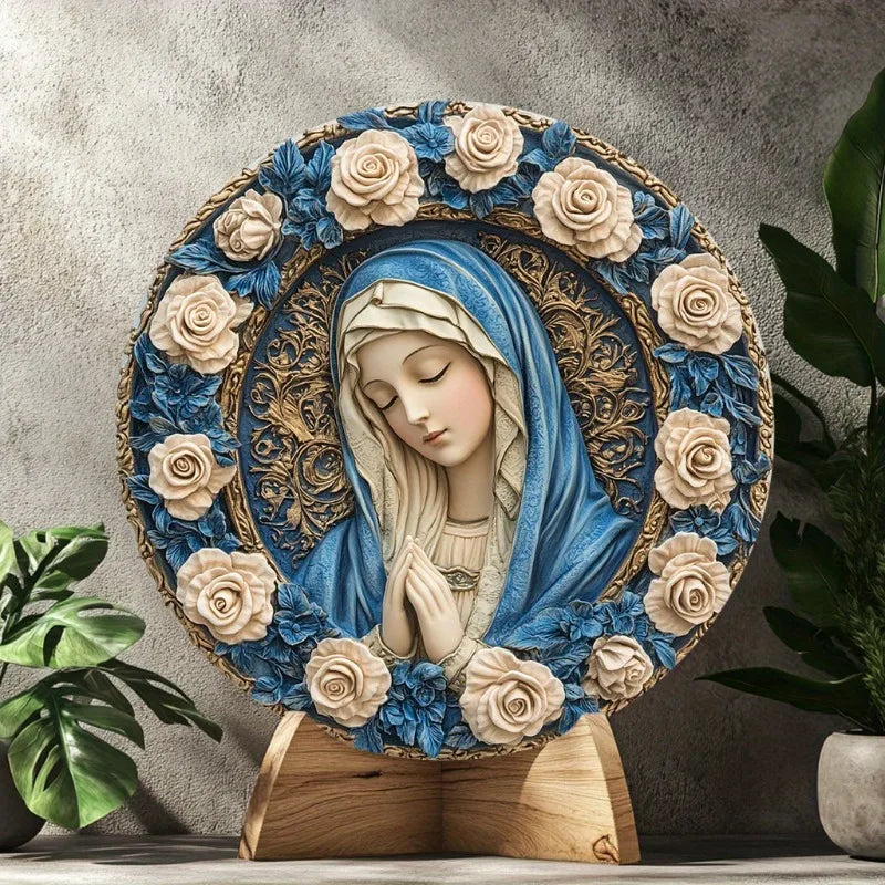 Decorazione Cattolica Madonna con Rose Blu e Dorate