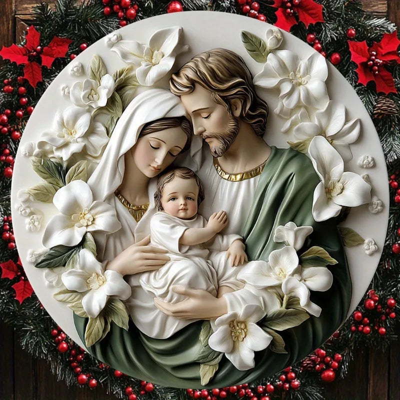 Decorazione Cattolica Sacra Famiglia con Fiori Bianchi