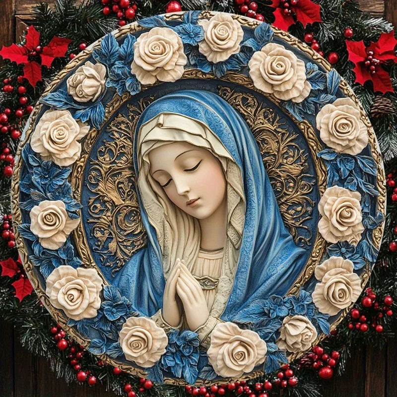 Decorazione Cattolica Madonna con Rose Blu e Dorate