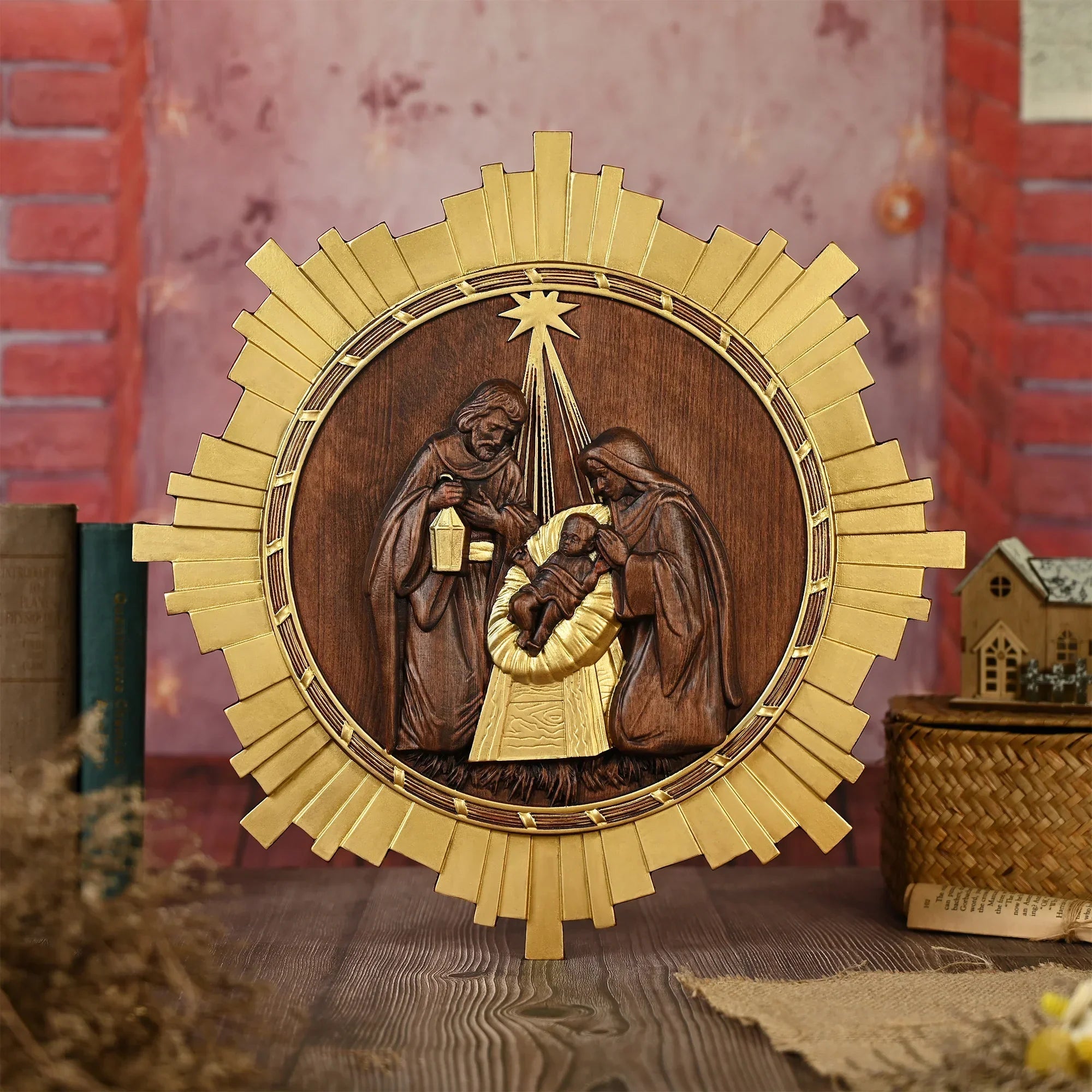 Scultura del presepe Gesù, Maria e Giuseppe in legno