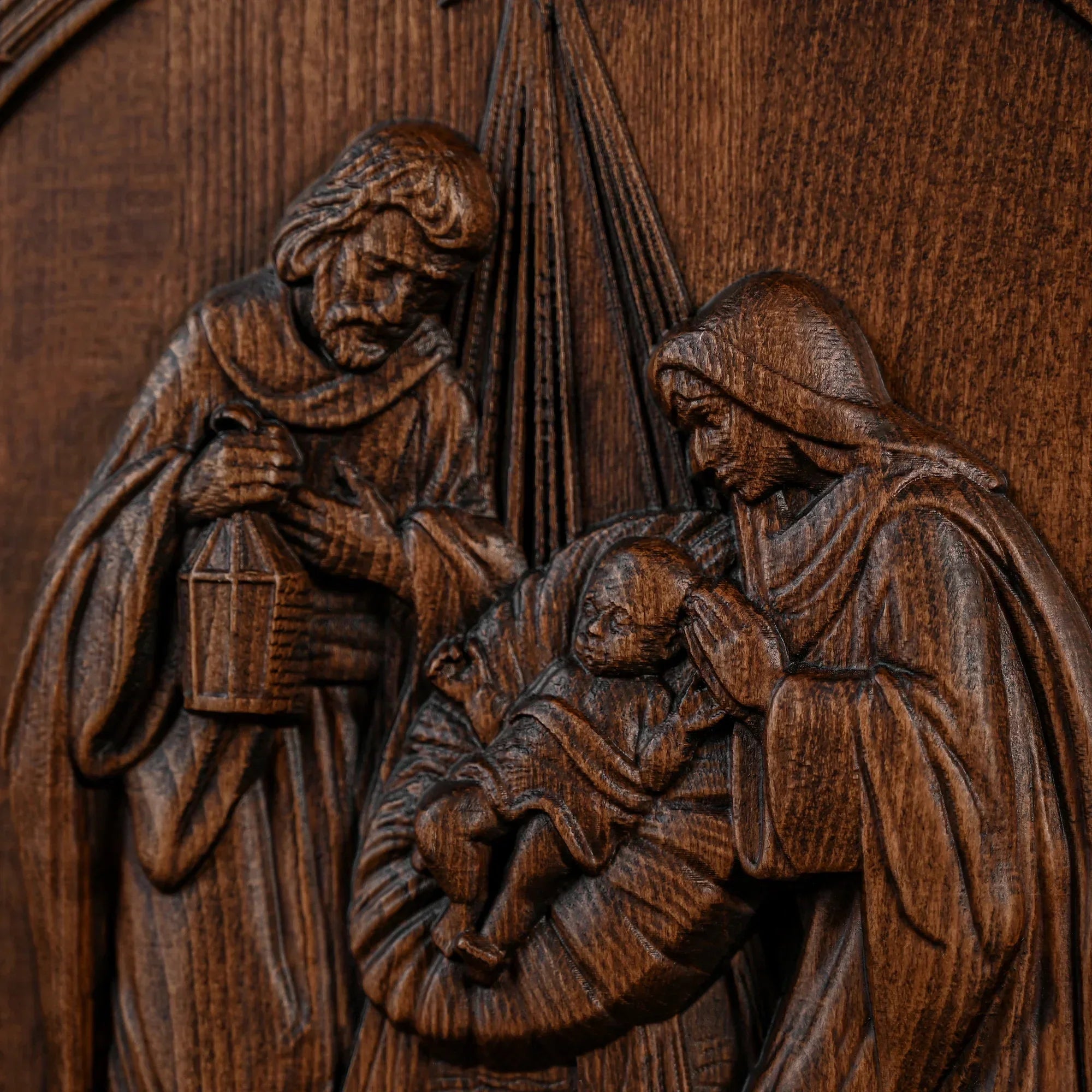 Scultura del presepe Gesù, Maria e Giuseppe in legno