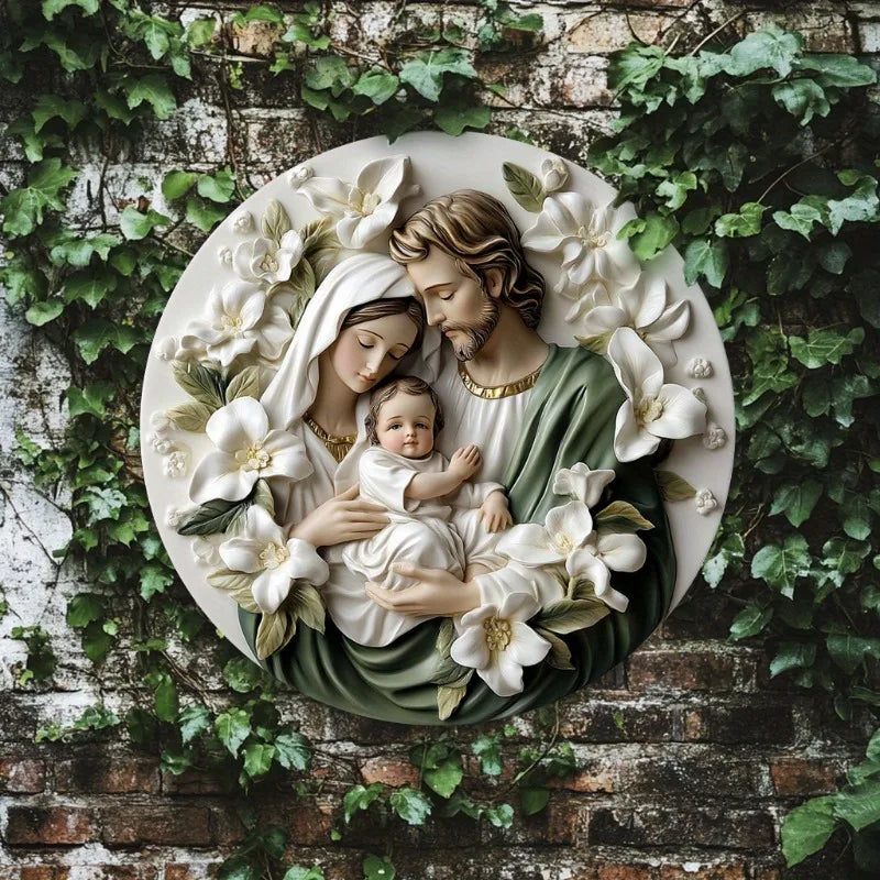 Decorazione Cattolica Sacra Famiglia con Fiori Bianchi