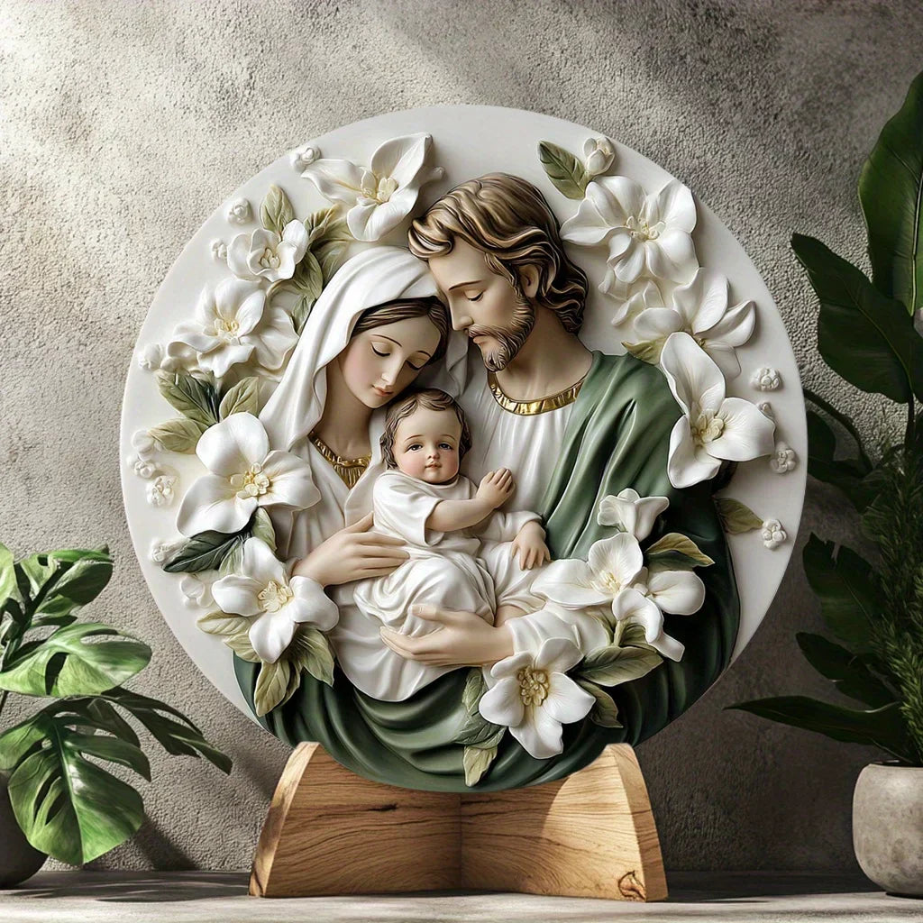 Decorazione Cattolica Sacra Famiglia con Fiori Bianchi